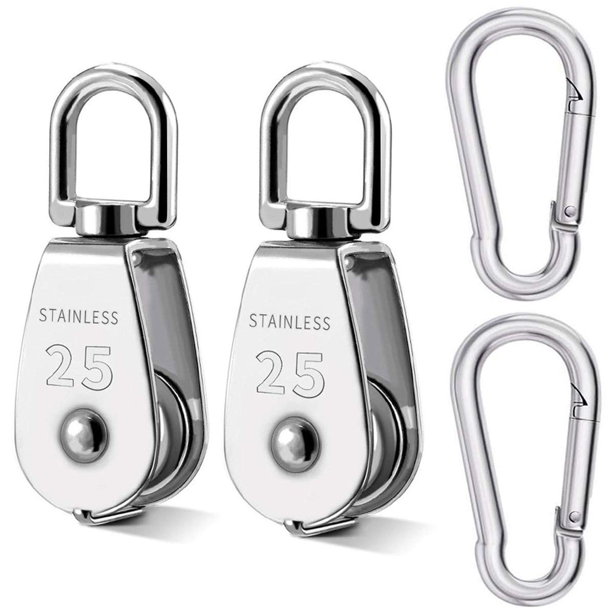 M25 Single Pulley Block +2Pcs M8 Carabiner Snap Hook Clips, 304 Stainless Steel Pulley Roller, Crane Swivel Hook Smooth Wire Rope Cable Loading 150 kg