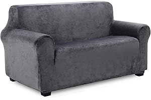 TIANSHU Velvet Fleece Loveseat Cover,Soft Plush Loveseat Slipcover, 1 Piece High Stretch Couch Covers for 2 Cushion Couch, Stylish Furniture Cover Protector(Loveseat,Gray)