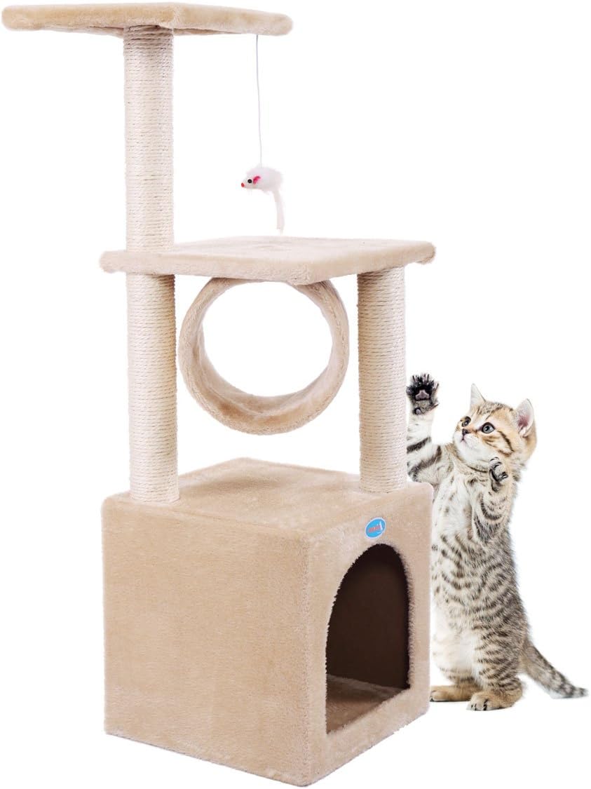 TOBBI Cat Tree Condo 3-Level Cat Tower with Scratching Post Pad Kitten House Beige