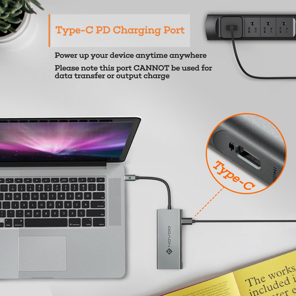 USB C Hub, NOVOO 4 in 1 Aluminum Type C Hub with HDMI 4K Adapter, USB C PD Charging Port, 2 USB 3.0 ports for MacBook Pro 2017/2016, HW MateBook, Chromebook, Samsung S8 and Other Type C Devices