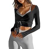 Fisoew Womens Wrap Tie Tops Long Sleeve Workout Crop Wrap Shirts Casual Lightweight Ballet Pilates Yoga Active Tops