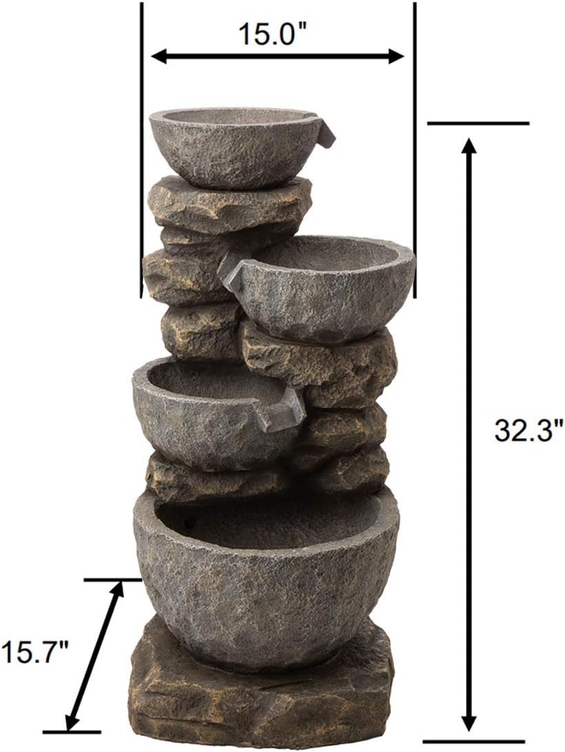 Glitzhome GH11246 Polyresin Stone 4-Tiered Bowls Fountain with LED Lights Outdoor Decorative Water Feature, 32.25" H, Gray : Garden & Outdoor