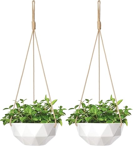 Amazon Mkono 9インチ セラミック ハンギングプランター 屋内 屋外 モダン 幾何学的な花 植物 ポット ホワイト 磁器 ハンギングバスケット ポリエステルロープハンガー付き ハーブ アイビー クローリング 植物用 2個セット 鉢
