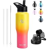 COKTIK Water Bottle Insulated, 32oz Water Bottles Straw Lid, Spout Lid, Cold for 36 Hrs, Hot for 18 Hrs, Cup Holder Friendly Leakproof (Yelow&Pink)