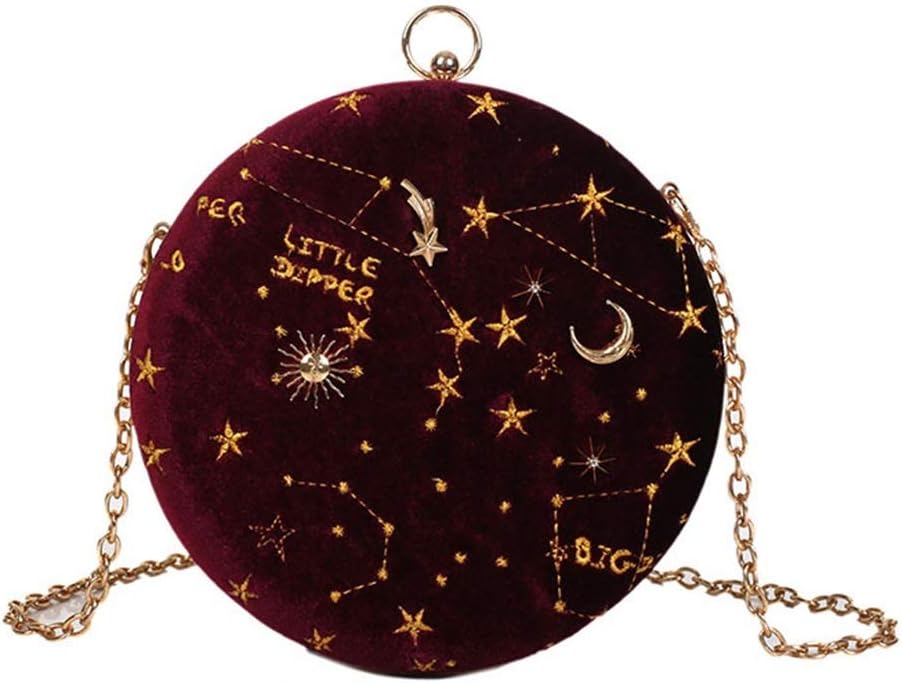 Women'S Velvet Small Round Bag Hardware Chain Shoulder Star Embroidery