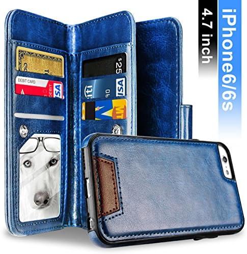 iPhone 6 Case, iPhone 6S Case, Samcore Leather Wallet flip Case with Detachable Folio, Card Slots, Premium PU Leather, Gift Box for iPhone 6/6S [4.7 INCH] [BLUE]
