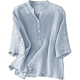 MakeMeChic Women's Boho Blouses Notch V Neck Embroidery 3/4 Sleeve Shirt Tops
