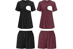 Ekouaer 2 Pack Women's Nursing Pajamas Set Double Layer Maternity Pjs Postpartum Loungewear Set Breastfeeding Tops & Shorts