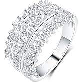 MDFUN 18K White Gold Plated Three-row Cubic Zirconia Engagement Rings Wedding Bands Round Cut Oval Emerald Cut CZ Promise Ring Eternity Band for Women Size 5-10