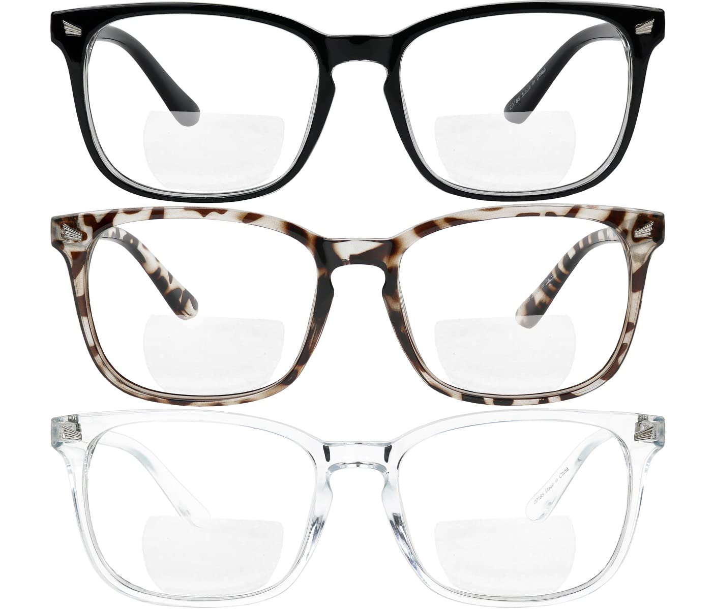 Photo 1 of Yogo Vision Bifocal Reading Glasses for Women Men Rectangle Multifocal Readers Fashion Nerd Eyeglasses 3 Pack: Black, Clear, Grey Havana 1.5