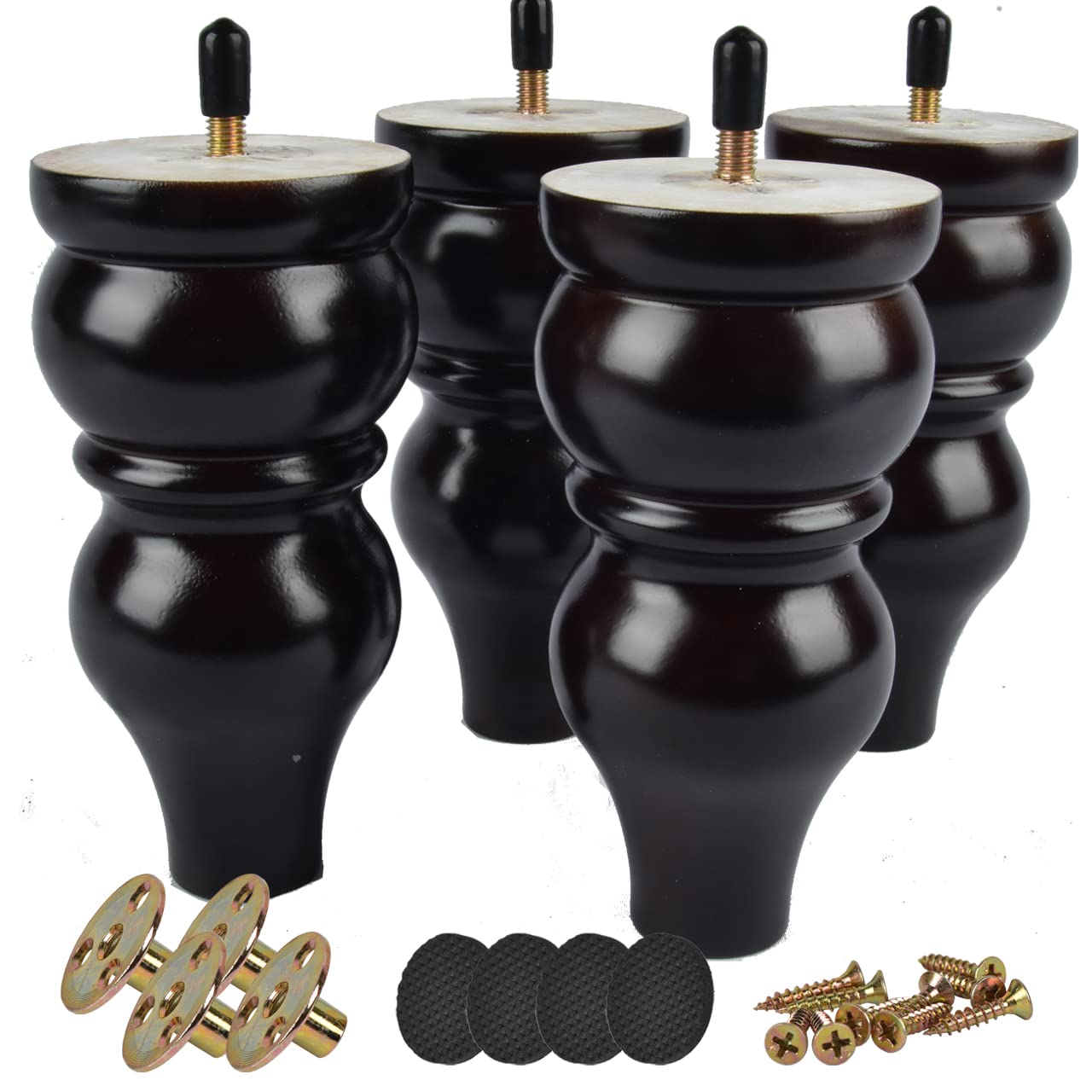 6 inch Solid Wood Furniture Legs, Btowin 4Pcs Turned Wooden Bun Feet with Threaded 5/16'' Hanger Bolts & Mounting Plate & Screws for Sofa TV Stand Ottoman Couch Armchair, Black