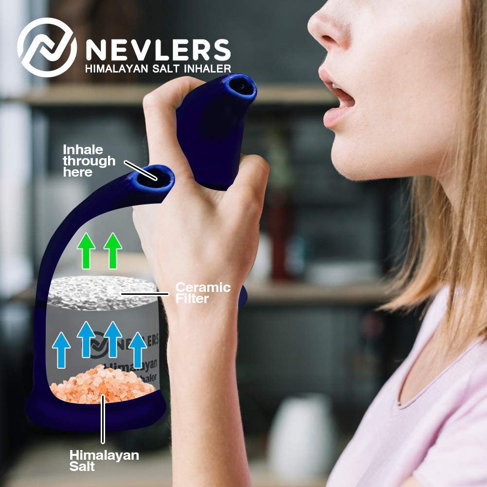 Nevlers Navy Blue Himalayan Salt Inhaler w/ 6 Oz Coarse Pink Himalayan Sea Salt | Ceramic Portable Himalayan Pink Salt Inhaler for Lungs & Nose | Homeopathic Natural Asthma Relief Smelling Salts