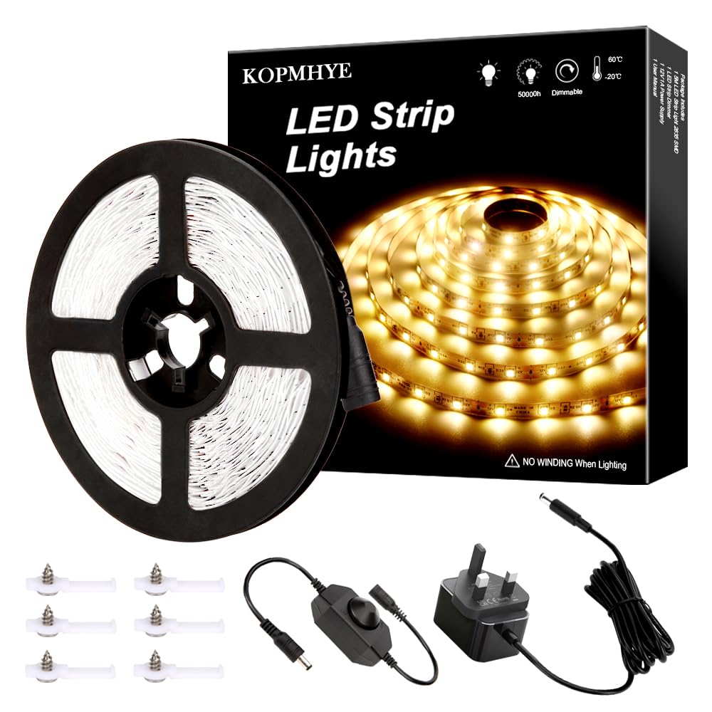 MH 5M Dimmable LED Strip Lights Kits, 12V Tape Light, 300 2835 LED, 16.4ft 3000K Warm White Ribbon with Power Adapter, Light Strips for Under Bed, Vanity Mirror, Cabinet, Kitchen, Non-Waterproof