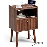 LCRBOL Side Table with Charging Station, Modern End Table with Fluted Drawer, Bedside Table, Night Stand with 2 Tiers Storage Space, for Bedroom, Living Room, Walnut