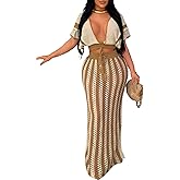 KANSOON Crochet Skirt Sets Women 2 Piece Outfits Knit Striped Hollow Out Short Sleeve V Neck Drawstring Top Maxi Skirts Set