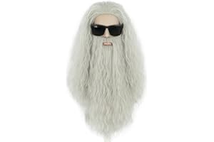 VGbeaty Mens Long Curly Gray Wig and Beard Halloween Cosplay Costume Anime Wig
