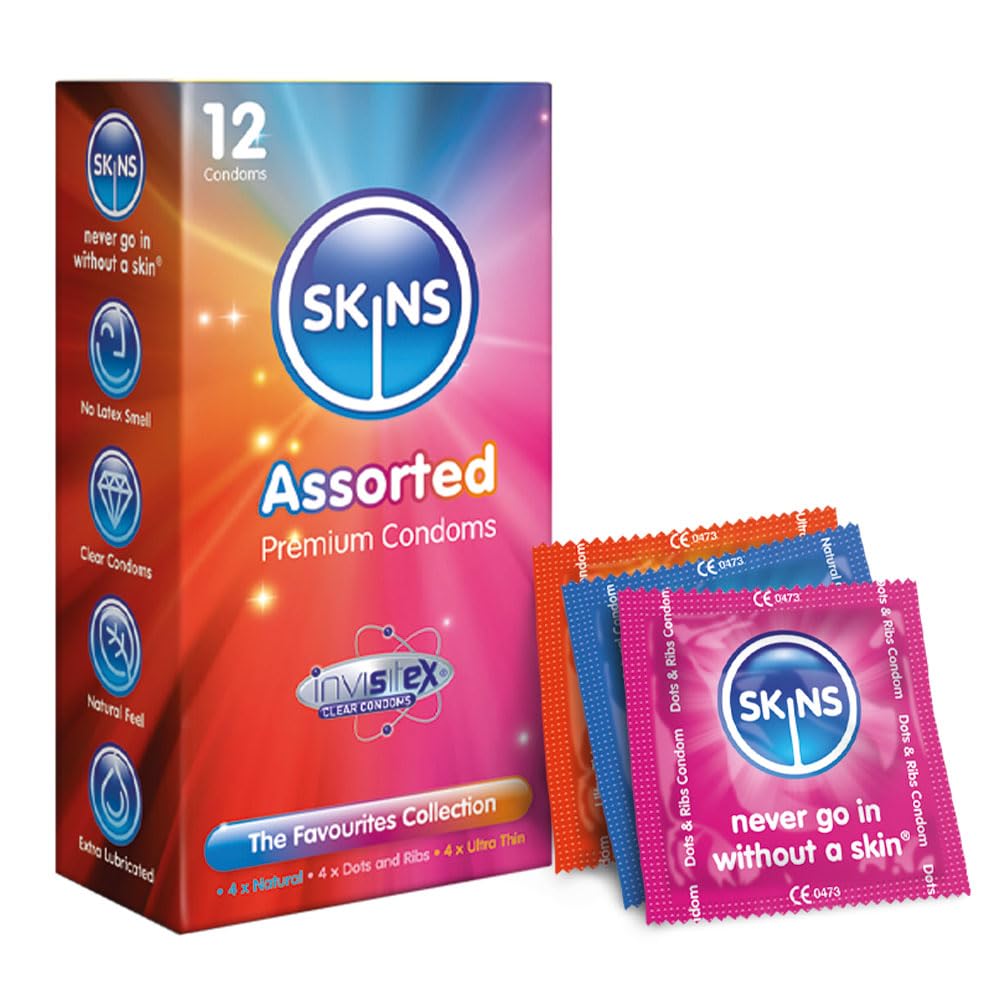 Skins Assorted Multipack Condoms, 12 Pack of Premium Skins Ultra-Thin, Natural & Dots & Ribs Condoms Extra Safe Pleasure Condom for Adults, No Latex Smell, Extra Lubrication for Maximum Pleasure