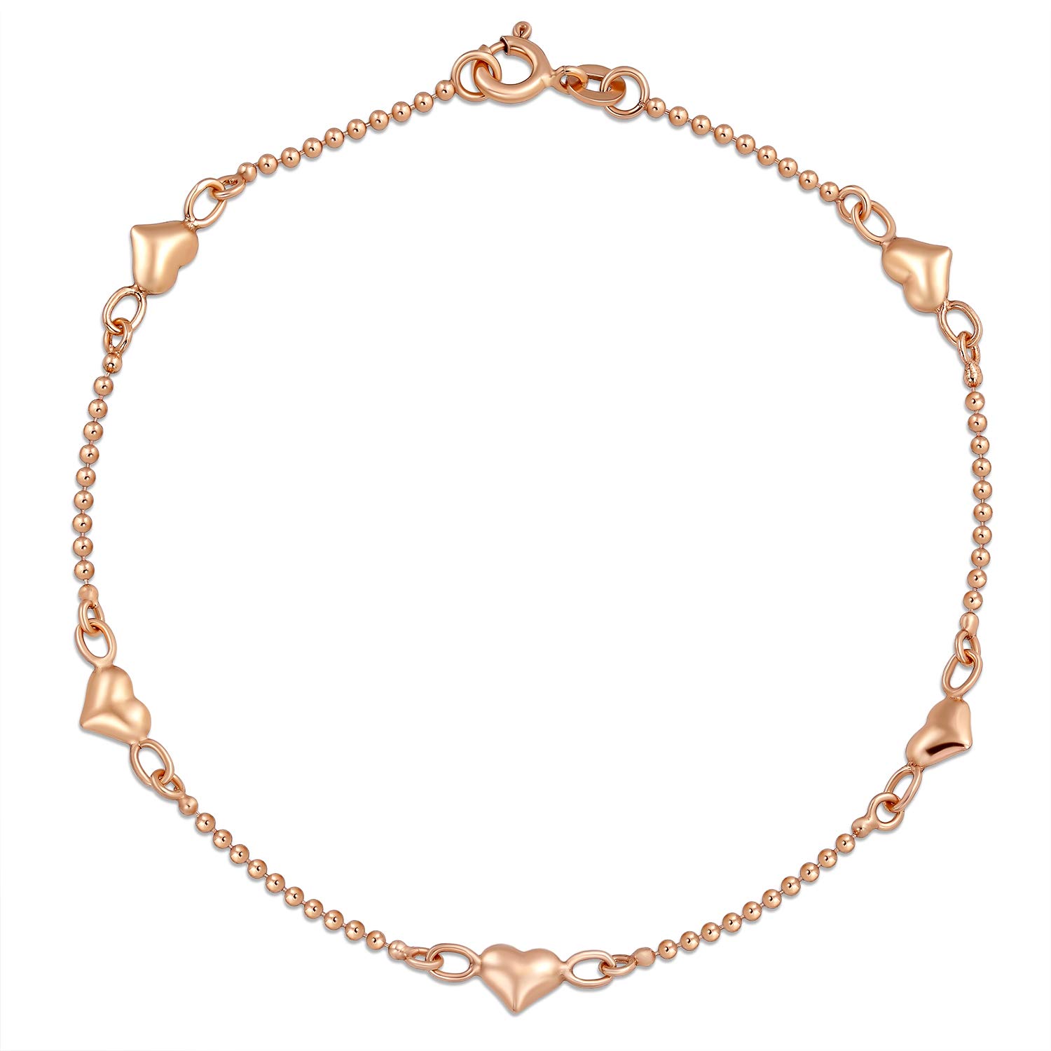 Bling Jewelry Multi Puff Station Hearts Charm Anklet Ankle Bracelet For Women Teen Beaded Ball Chain Rose Gold Vermeil .925 Sterling Silver 9 Inch Flexible