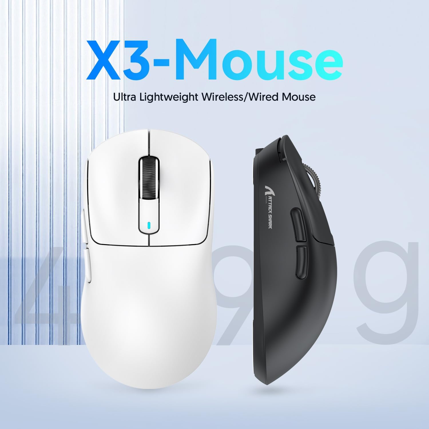 MAMBASNAKE Attack Shark X3 Wireless Gaming Mouse, 49g Ultralight, PixArt PAW3395 26000 DPI, Bluetooth/2.4Ghz /Wired Tri-Mode, 200Hrs Rechargeable Battery, Kailh GM8.0 Switch for PC/MAC/Win - White