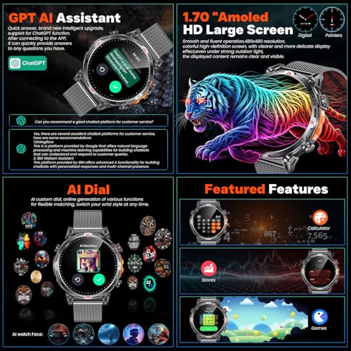 GPS Smartwatch Men's Sports Watch Fitness Watch: 1.7 Inch AMOLED Display with Bluetooth Calls/ChatGPT/3ATM/100+ Sports Modes Outdoor Smart Watch with Heart Rate Sleep Monitor Pedometer Compatible iOS