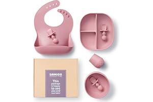 SAMiGO Silicone Baby Feeding Set, Baby Led Weaning Supplies, Suction Plate, Bowl, Spoons, Food Bib, Cup, First Stage Self Eating Utensils, 6+ Months