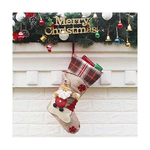 YAMUDA Christmas Stocking, 18" Set of 3 Santa, Snowman, Reindeer, Xmas Character 3D Plush with  Rustic Burlap Christmas Decorations and Party Accessory(Xmas-01) - Image 4