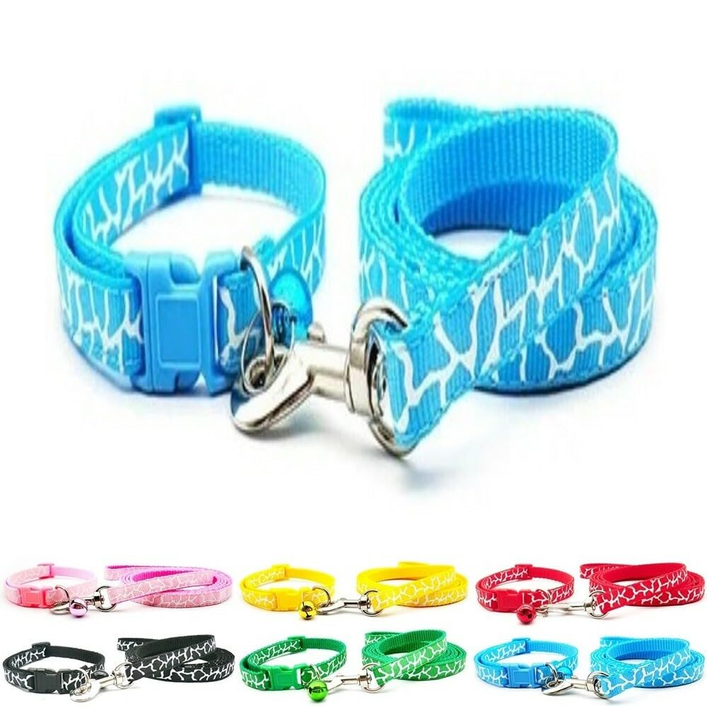 Small Dog Puppy Pet Collar and Lead Set Zebra Giraffe Animal Print Design Nylon Adjustable Size 19-32cm Collar with Bell and 120cm Leash Blue