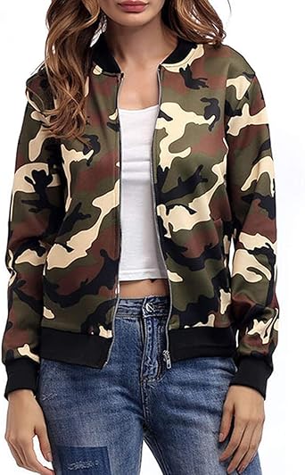 Amazon.com: Women's Camouflage Printed Zip Front Varsity Baseball Jacket Long Sleeve Windbreaker 