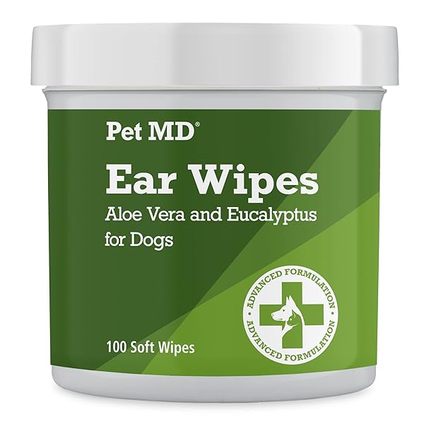 PET MD – DOG EAR CLEANER WIPES – OTIC CLEANSER FOR DOGS TO STOP EAR ITCHING, AND INFECTIONS WITH ALOE AND EUCALYPTUS – 100 COUNT