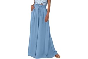 LPIGOH Wide Leg Women Pants Lightweiht Waist Adjustable Drawstring Summer Boho Flowy Palazzo Pants Beach Pants with Pockets