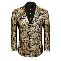 Men Golden Floral Dress Suit Jacket Blazer Slim Fit Wedding Prom Party Notched Lapel Tuxedo Uniform Outfit (X-Large, Golden)