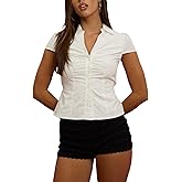 Women's V Neck Ruched Button Down Shirt Cap Sleeve Collared Fitted Work Office Blouse Summer Dressy Tops