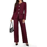 Casly Lamiit Women's 2 Piece Business Casual Outfits Crew Neck Button Down Blazer Wide Leg Dressy Pants Suit Sets