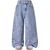 Nivne Tco Toddler Girls Baggy Jeans Bow Embroidery Elastic Waist Zipper Fly Loose Fit Wide Leg Denim Pants with Pockets