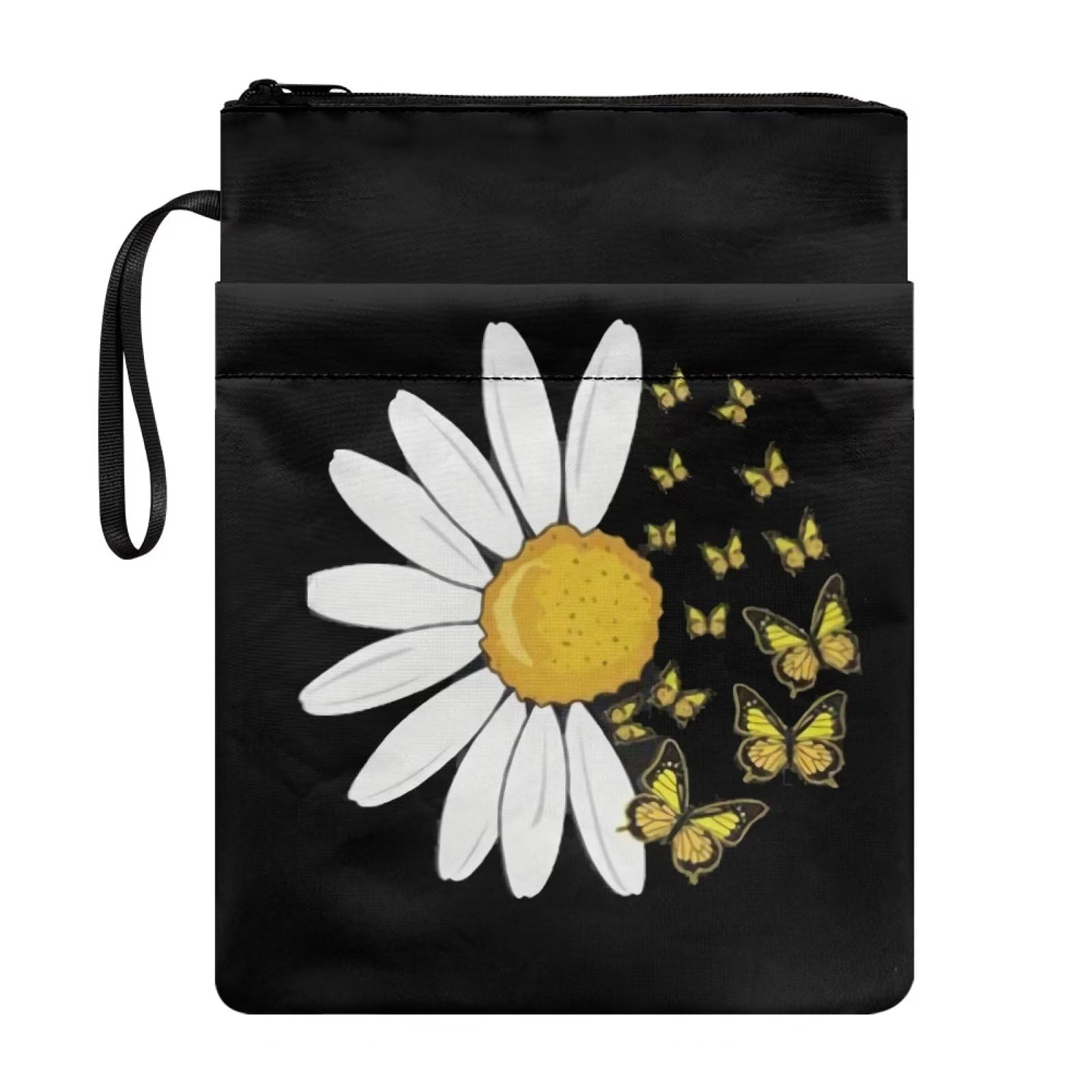 NETILGEN White Sunflowr Butterfly Book Cover Zipper Book Protector Cover with Front Pen Holder Pouch, Washable Fabric Paperback Notebook Book Cover, Book Lover Gifts