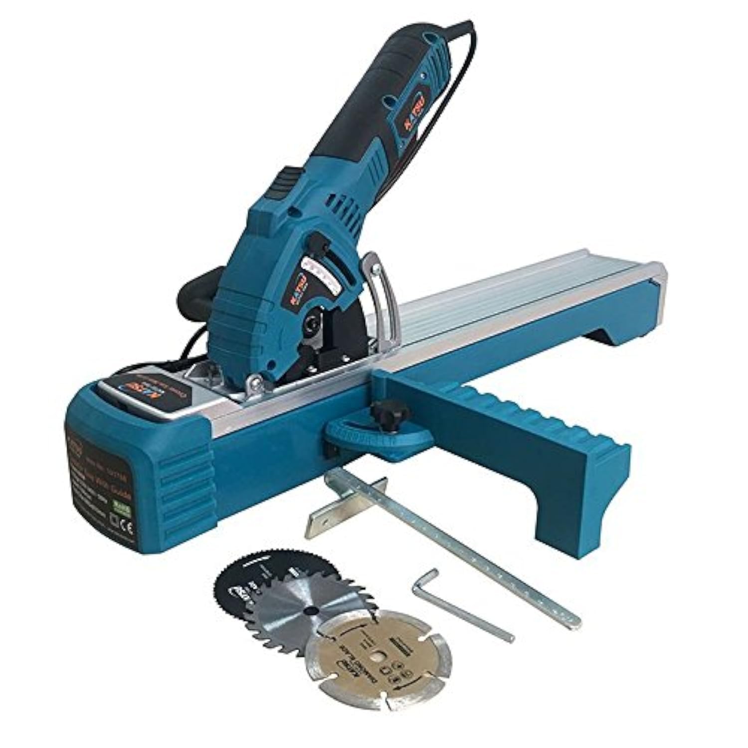 KATSU Compact Circular Saw Plunge Cut with Track Guide Rail 600W 230-240V 7400rpm 85mm 0-45° + Mitre Base + 3 Extra Blades (Diamond, HSS, and TCT) 101788