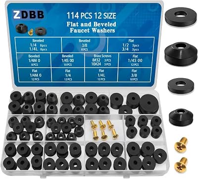 ZDBB 114 Pcs Faucet Washer Assortment 10 Styles Flat Beveled Brass Screws
