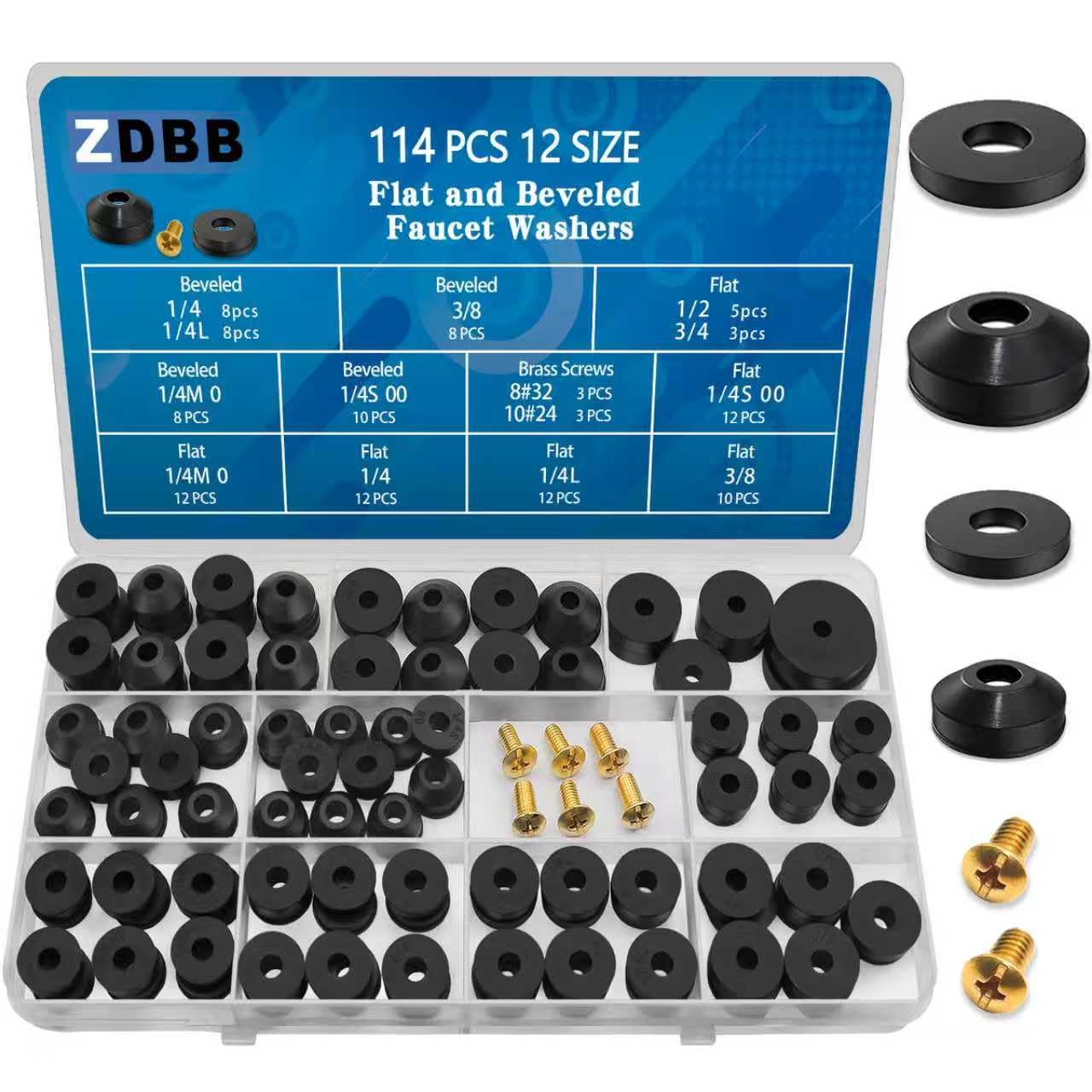 ZDBB 114 pcs Flat and Beveled Faucet Washers and Brass Bibb Screws Assortment for Use with Assorted Quick-Opening Style Faucets Stem Worn Out Washer Replacements Black