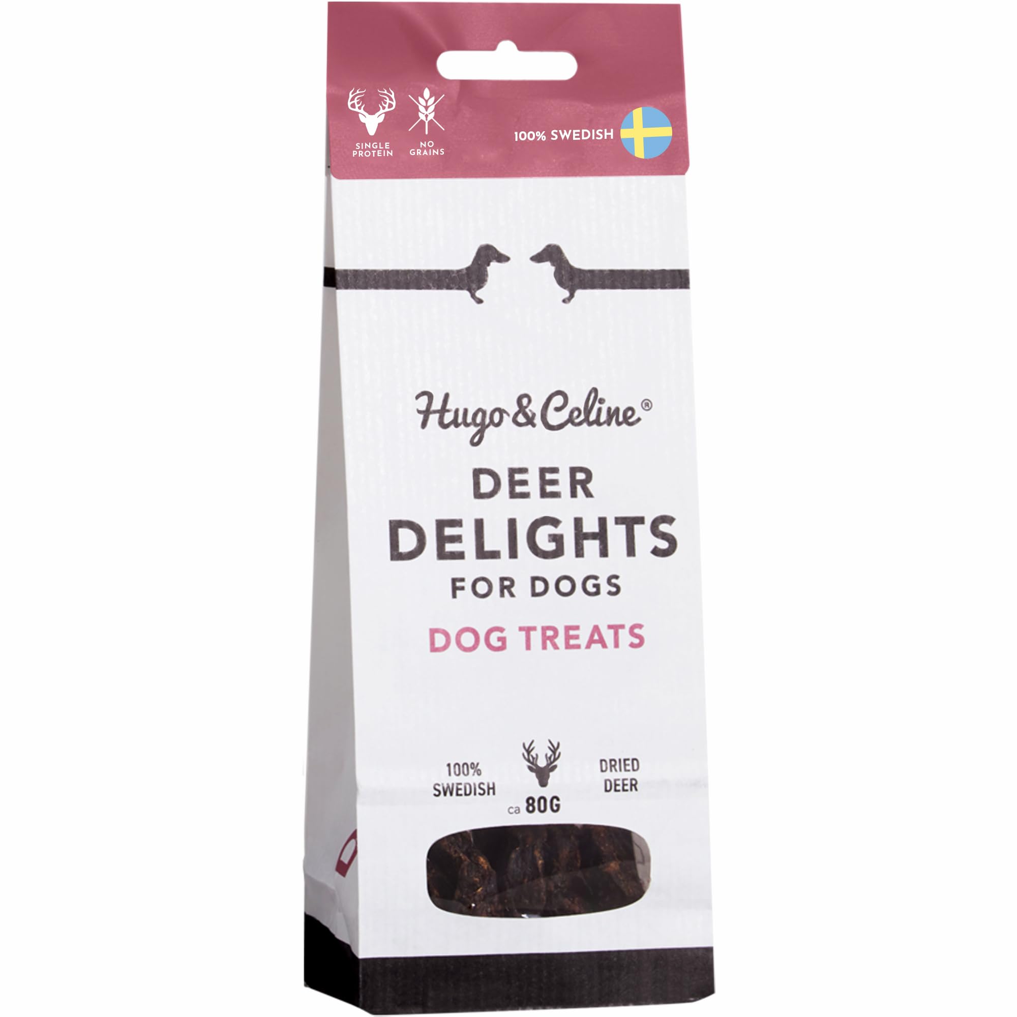Hugo & Celine Deer Delights Dog Treats - 100% Swedish Wild Venison, Unique Single Protein Source, Natural, Healthy, Grain Free, Low Fat Treat. For Puppies, Small, Medium and Large Dogs. 80g