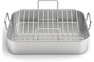 EWFEN Stainless Steel Roasting Pan, 17*13 Inch Turkey Roaster with Rack - Deep Broiling Pan & V-shaped Rack & Flat Rack, Non-toxic & Heavy Duty, Great for Thanksgiving Christmas Roast Chicken Meat Lasagna