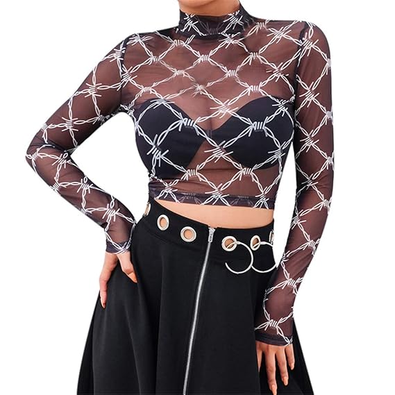 Moserian Damen Sexy Grüne Schlange Haut Drucknetz Garn Kurzes Navel-Top T-Shirt