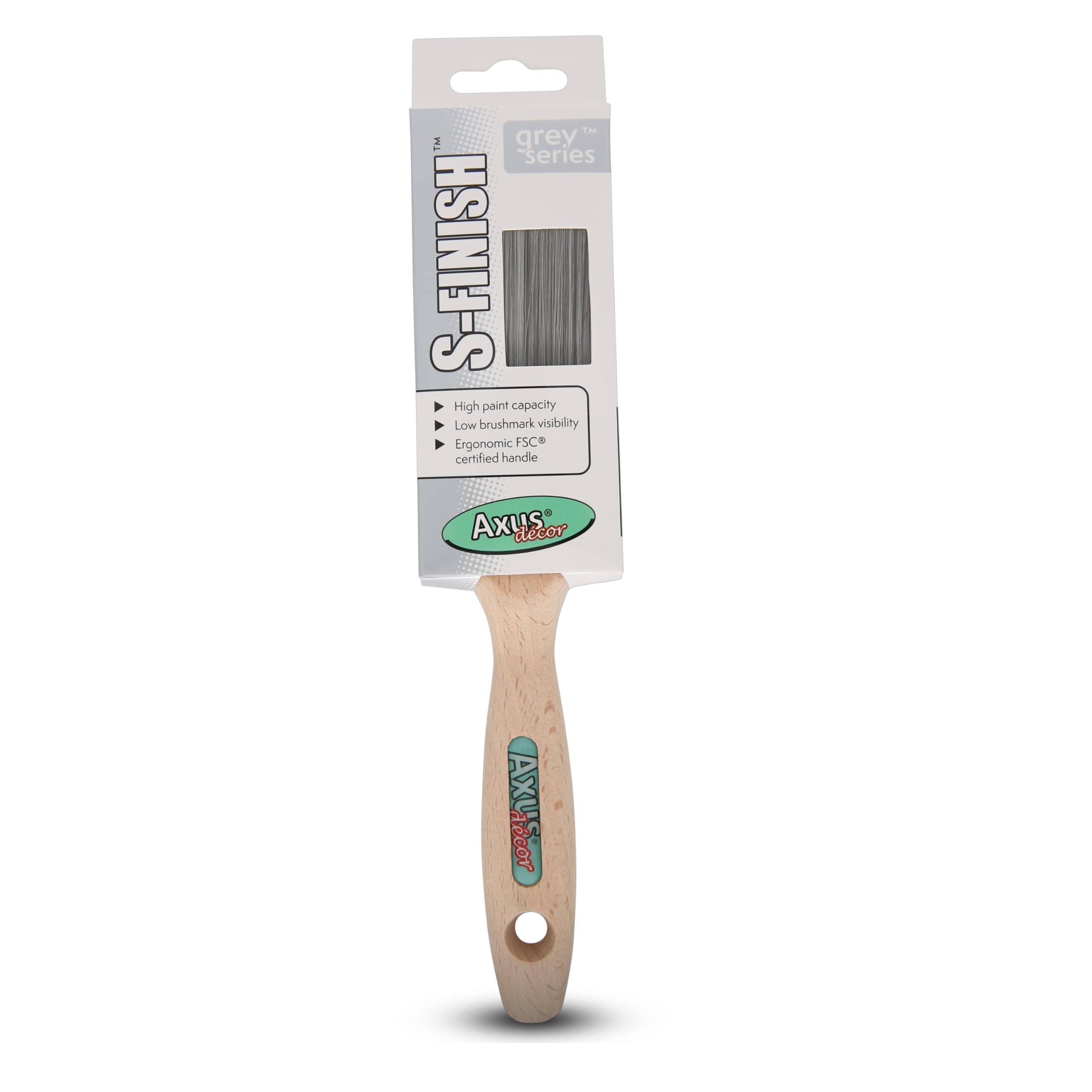 Axus Decor S-Finish Paint Brush (Grey Color) - 2"/50mm - For All Paints, Synthetic Filaments, Birchwood Handles, Rust-Resistant Stainless Steel, Compatible with Brushmate vapour boxes