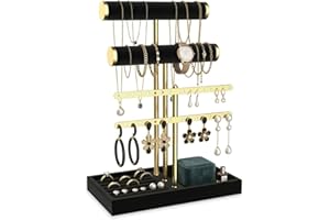3 Tier Jewelry Bracelet Holder Organizer, T Bar Velvet Jewelry Stand with Tray and Metal Frame, Women Jewelry Holder Stand fo