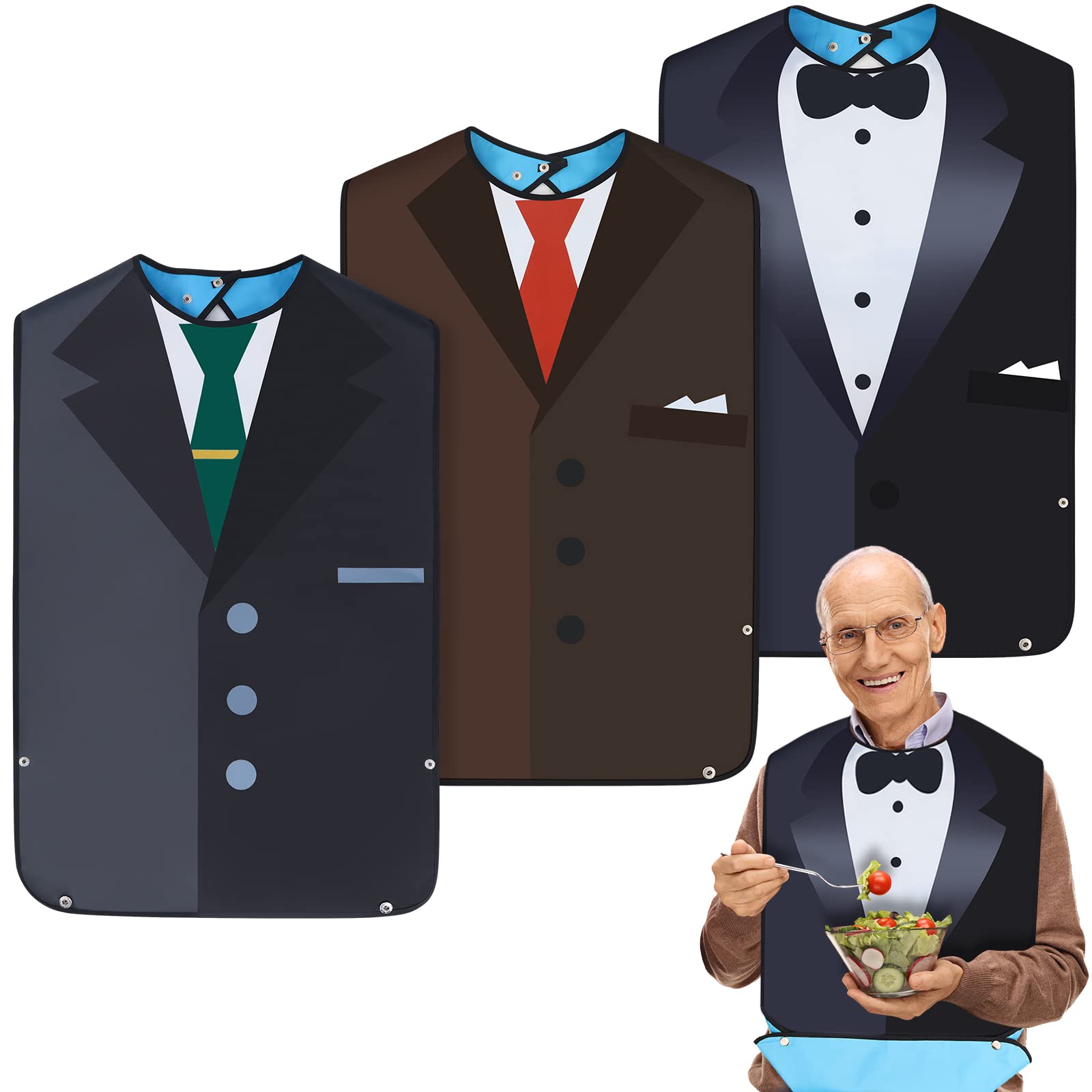 WenYa 3 Pack Adult Bibs for Eating, Waterproof and Reusable Adult Bib with Crumb Catcher, Clothing Protectors for Adult, Elderly and Disabled