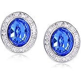 Cubic Zirconia Earrings Studs for Women Oval Shaped with Blue and White Crystal Aquamarine Jewelry