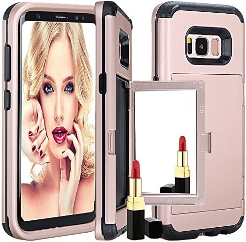 Galaxy S8 Defender OTRON Wallet Case,Hidden Back Mirror and Card Holder Shock absorbing TPU and Anti-scratch PC Armor Protective Cover For Samsung Galaxy S8 (RoseGold)