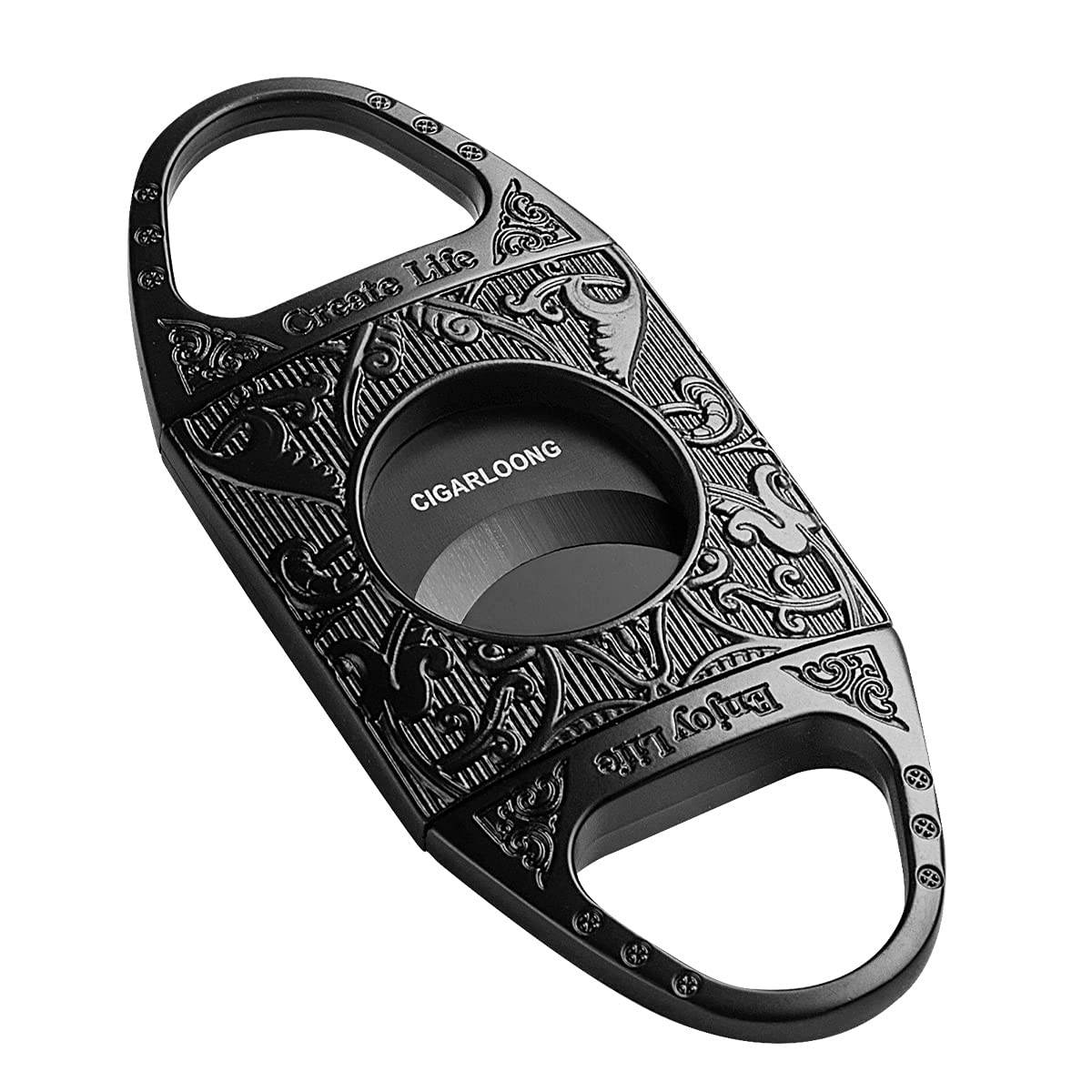 CIGARLOONG Cigar Cutter Black Engraved Stainless Steel Double Self Sharpening Blades Cigar Guillotine