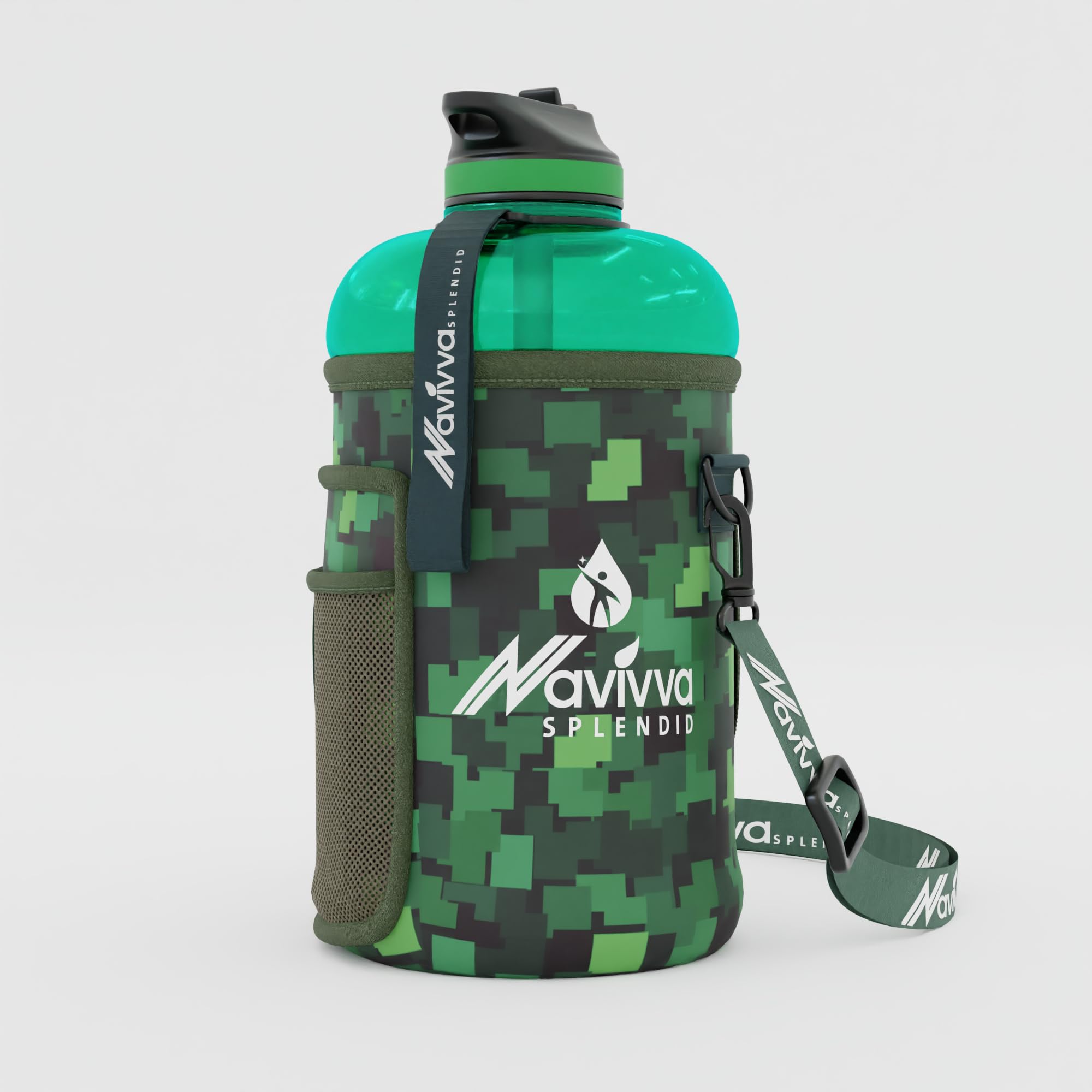NAVIVVA SPLENDID Large 2L Water Bottle with Insulating Neoprene Cover and Straw Lid - BPA-Free, Dishwasher Safe, Portable, Eco-friendly with Carry Handle – Huge 2.2 Litre Capacity. (Green Olive) — image 1