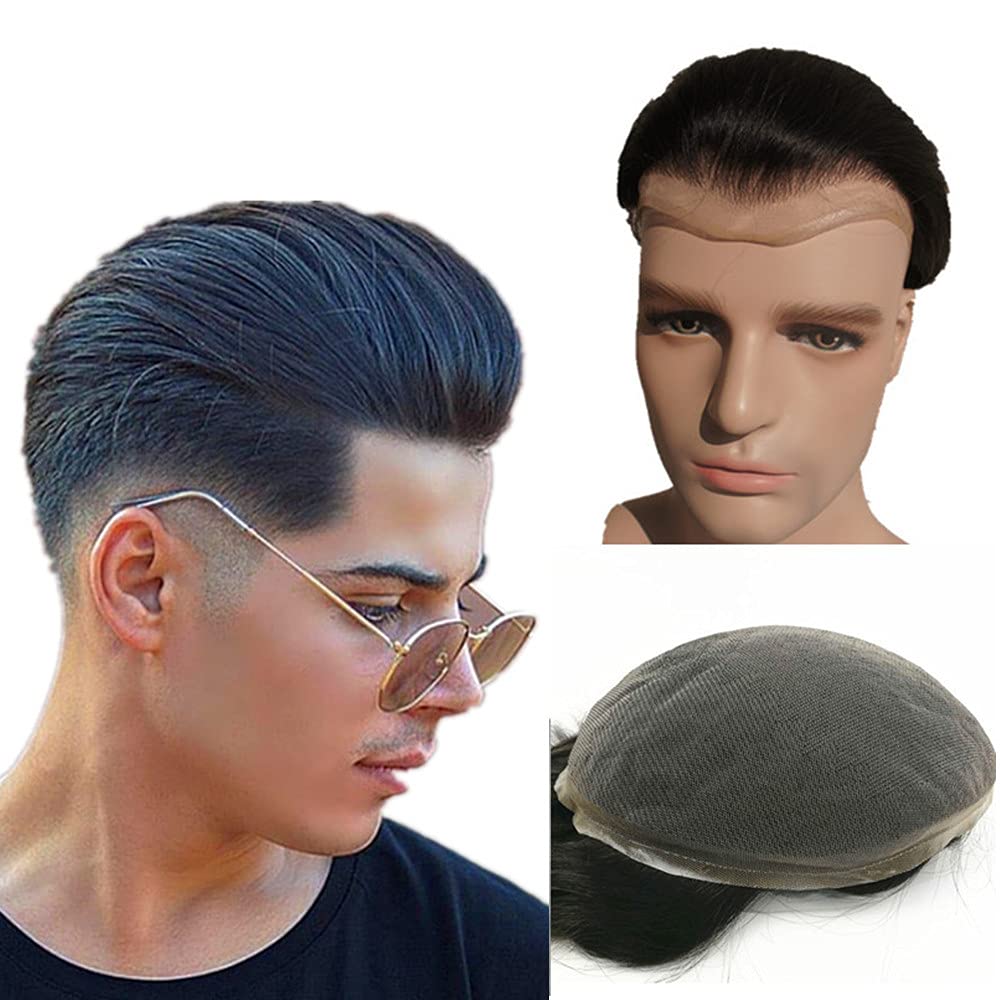 NLW Full Lace Hair Piece for Men Human Hair Replacement System European Straight Human Hair Swiss Lace Hair Units French Lace Toupee Size10x8" base #1 Jet Black — image 1