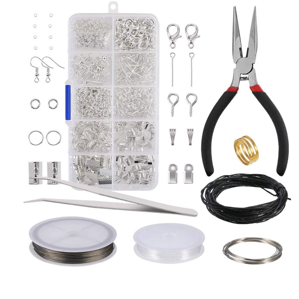 byou Jewelry Making Kit,Findings Set 912 pieces Silver Findings in Plastic Box with Plier Tweezers and Wire for Jewelry Repair Making DIY Craft Supplies